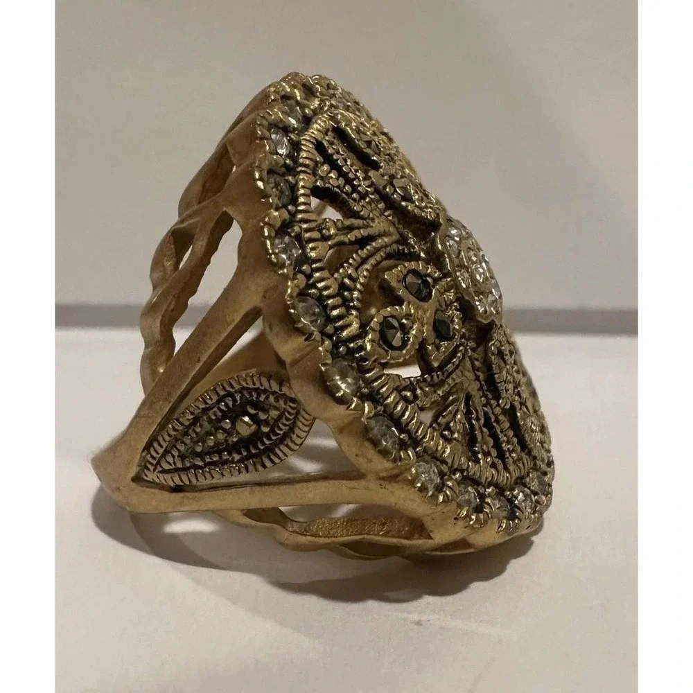 Filigree Shield Gold Tone CZ & Marcasite Rhinestone Cocktail Ring Sz 6 Statement